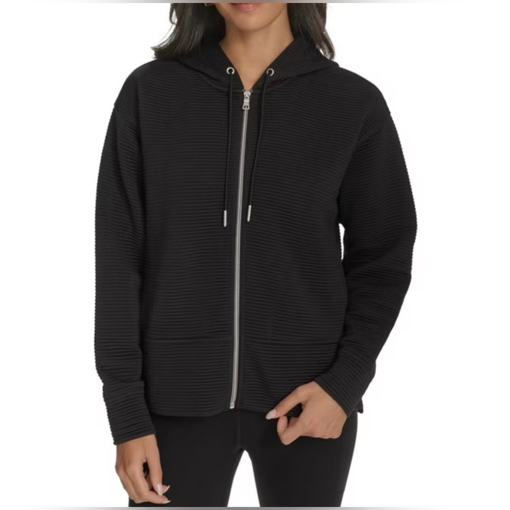 DKNY Hoodie Sweatshirt Full Zip Up Ribbed Texture Hood Black Drawstring Women M